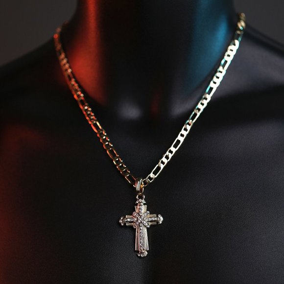 14k Iced Men's Cross Pendant + Necklace